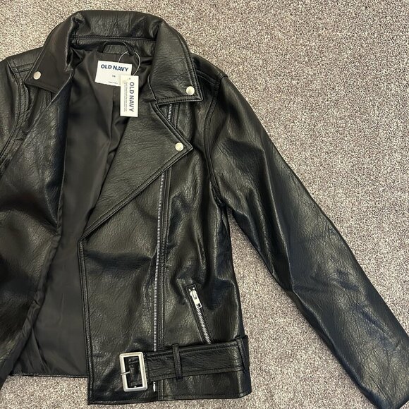 Old Navy Women's Faux Leather Belted Biker Jacket Size XS Black Full Zip NWT - Picture 11 of 16